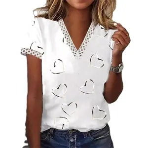 T-shirt femme col V dentelle manches courtes été loisirs haut imprimé cœur mode