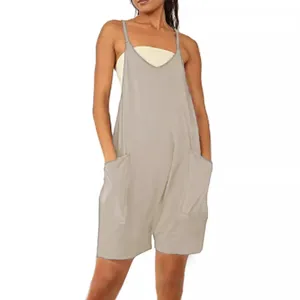 Women casual loose overall shorts summer V-neck sleeveless cute pocket jumpsuit main view.