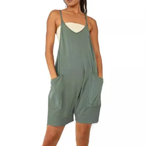 Women casual loose overall shorts summer sleeveless pocket jumpsuit basic streetwear apparel