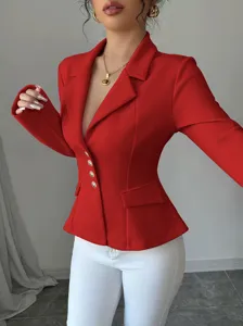 Chaqueta blazer elegante de manga larga con solapa para mujer, estilo de oficina chic.