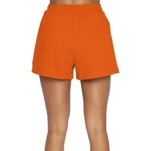 Dettaglio vista posteriore di pantaloncini casual arancioni vivaci con cordino elastico.