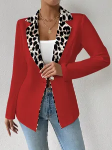 Veste de blazer rouge pour femme avec revers leopard bouton elegant mode chic vetement