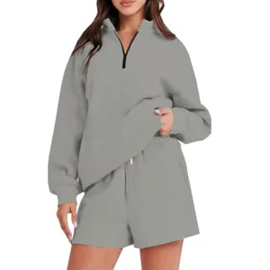 Set felpa con mezza zip e pantaloncini da donna top grigio a maniche lunghe tuta casual