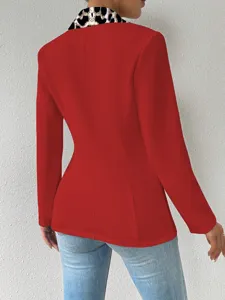 Blazer Femme Rouge Revers Imprimé Léopard Slim Fit Manches Longues Veste Chic