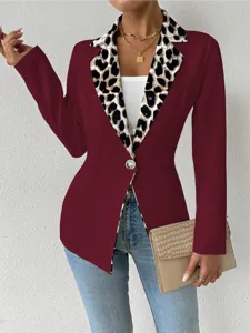 Veste blazer femme élégante revers léopard, couleur unie, manches longues, détail.