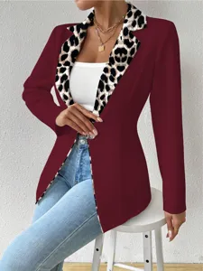 Veste Blazer Femme Bordeaux à Revers Imprimé Léopard Manches Longues Élégante