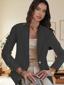Women dark grey blazer stylish spring autumn casual suit jacket with metal buttons
