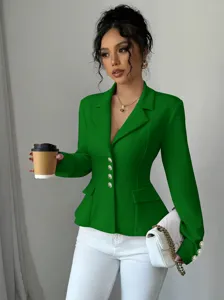 Chaqueta blazer verde elegante y entallada de manga larga con solapa para mujer