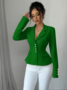 Chaqueta blazer verde elegante de manga larga con solapa entallada para mujer