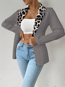 Femme élégant blazer gris avec revers imprimé léopard veste de costume casual manches longues