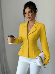 Mujer chaqueta blazer ajustada con solapa de manga larga elegante abrigo traje amarillo