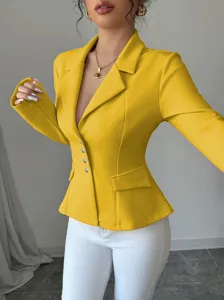 Elegante chaqueta de blazer amarilla entallada con solapa y manga larga de gran estilo.