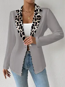 Veste de costume femme blazer gris revers imprimé léopard élégant un bouton bureau manteau
