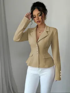 Elegante chaqueta blazer caqui entallada con elegante cuello de solapa y manga larga.