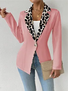 Veste blazer rose elegante pour femme avec revers imprime leopard manches longues chic