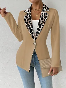 Blazer élégant pour femme couleur kaki avec revers imprimé léopard audacieux et bouton.