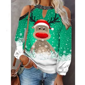 Natale spalla scoperta top manica lunga donna verde stampa renna festivo camicia