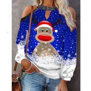 Natale spalla scoperta manica lunga stampa renna top per donne moda abbigliamento inverno.