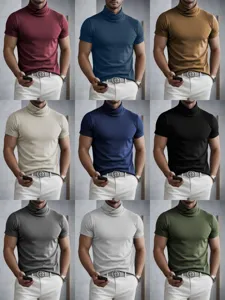 Men's Casual Polyester Slim Fit T-Shirt Turtle Neck Cross Wrap Neck Short Sleeve Pullover Solid Color Base Shirt Fashion Top