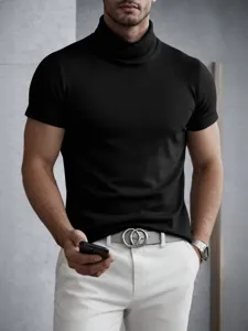 Mens slim fit short sleeve turtleneck t-shirt solid color casual top for autumn wear styles