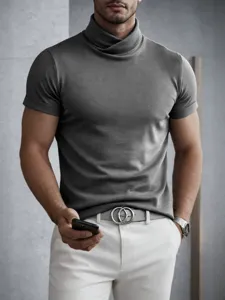 Men grey turtleneck short sleeve t shirt casual slim fit basic top stylish apparel