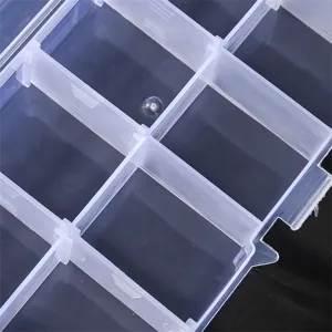 Clear plastic storage box detail, transparent jewelry and bead organizer with multi compartments.
