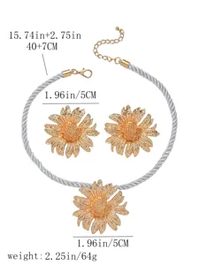 Gold sunflower necklace earrings set floral jewelry set with grey braided rope chain