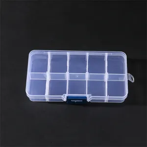 Clear plastic storage box with multiple compartments, ideal for jewelry, beads, and small parts.