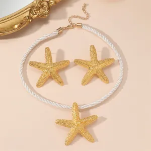 Detailed view of a stylish gold starfish pendant necklace and matching earrings set.