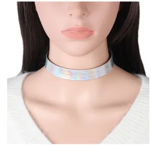 Holografische PU Leder Choker Halskette metallisch reflektierender Kragen Punk Schmuck Damen