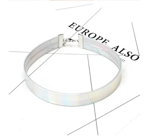 Holografische Laser PU Leder Choker Halskette für Damen, stilvoller Punk Halsschmuck.
