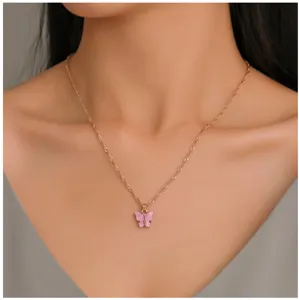 Chique roze acryl vlinder hanger ketting, gouden getwiste ketting, zoete mode sieraden.
