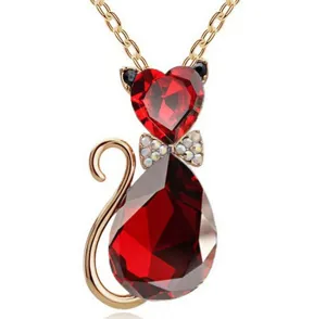 Kristal Kat Hanger Ketting Leuke Rode Edelsteen Strik Gouden Ketting Sieraden Cadeau