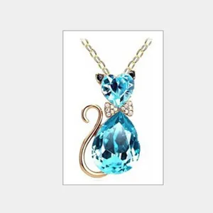 Blauwe Kristal Kat Halsketting Schattige Strass Strik Hanger Goud Keten Sieraad Vrouw