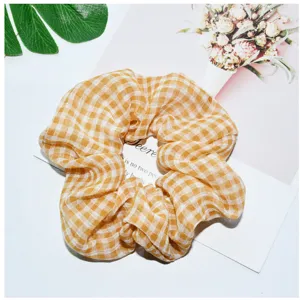Geel Ruitjes Chiffon Haarelastiek Schattige Haaraccessoires voor Dames in de Zomer