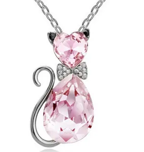 Leuke roze kristallen kat ketting met strik strass sieraden cadeautje voor vrouwen