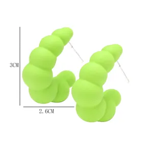 Neon green geometric chunky C-hoop earrings, statement candy color tubular ear studs.