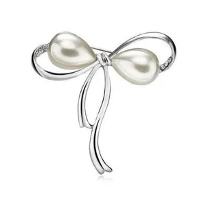 Elegante silberne Schleifenbrosche mit Perlen und funkelnden Strasssteinen für Damen.