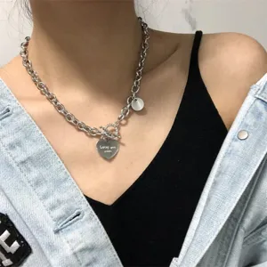 Vintage Alloy Heart Pendant Necklace With Love You More Lettering Chunky Chain Toggle Clasp Silver Fashion Jewelry For Women