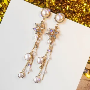 Exaggerated luxury rhinestone pearl snowflake long tassel earrings for women elegant party jewelry