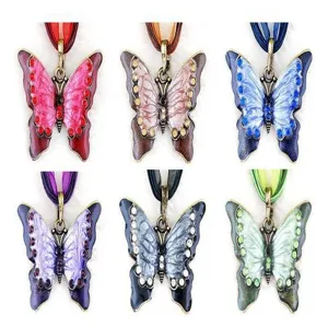 Retro legering strass druppel olie kleurrijke vlinder hanger ketting met lint cord