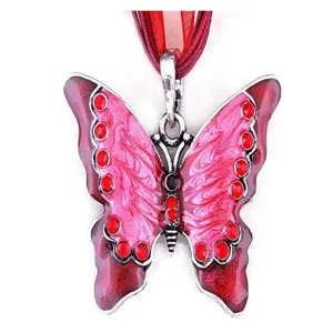 Vintage rode strass vlinder hanger halsketting met roze emaille en mooi stijlvol lint