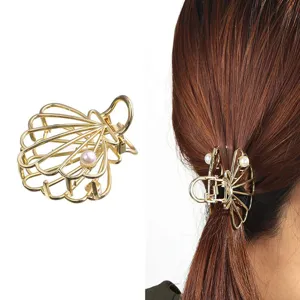 Pinza de pelo de metal dorado con perla, elegante horquilla geométrica para el peinado diario.
