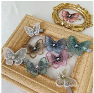 Retro Geborduurde Vlinder Haarspeld Voor Vrouwen Kant Mesh Haarnaald Met Kunstparel Vintage Haaraccessoires