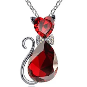 Kristallen kattenketting met rode hart edelsteen en schattige strik voor dames en meisjes.