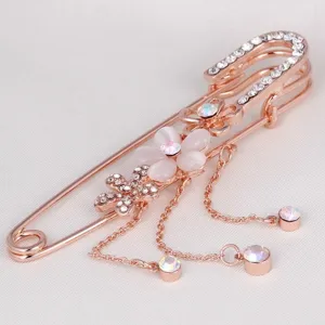 Roségold Sicherheitsnadel Brosche mit Katzenauge Stein Blume Strass und Ketten.