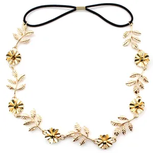 Goldene Legierung Blatt Blume Haarband Detail, glänzende Strass Braut Haarkette Zubehör.