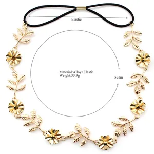 Goldene Legierung Blatt Blume Haarband elastische Kristall Braut Haarschmuck 52cm
