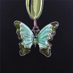 Retro Strass Oliedruppel Vlinder Legering Ketting Groene Insect Hanger Dames