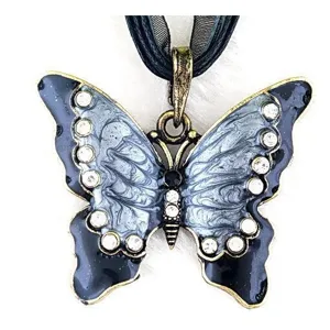 Vintage strass emaille vlinder legering hanger halsketting met zwarte lint koord